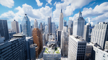 Obraz premium vibrant city skyline featuring tall skyscrapers, blue skies, and fluffy clouds. scene captures essence of urban life and architecture