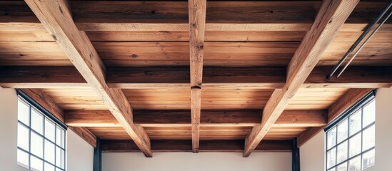 Obraz premium Minimalist wooden ceiling with exposed beams creating an inviting ambiance for contemporary loft-style interiors