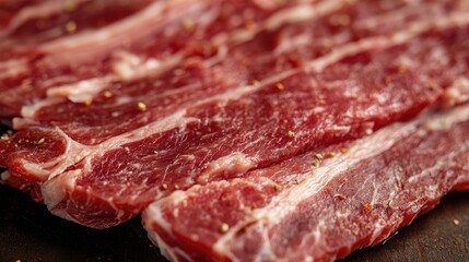 Obraz premium Fresh raw meat strips seasoned with spices on a wooden surface ready for cooking or grilling in a culinary setting