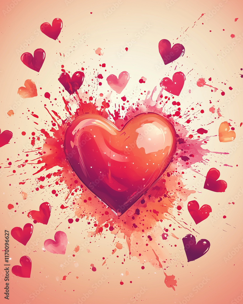 Poster a central heart-shaped element highlighted by energetic paint splatters in vivid tones of red and pi