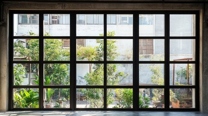 Industrial style window with black metal frame showcasing greenery in urban setting, blending nature with modern architecture.