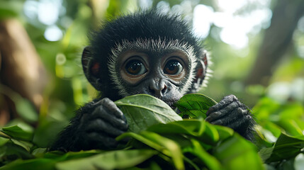 Obraz premium young colobus monkey curiously eats leaves in lush green environment, showcasing its expressive eyes and playful nature