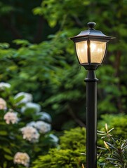 A black wrought iron street lamp with a clear glass globe, casting a warm glow in the evening. Set...