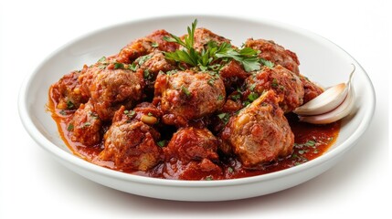 Fototapeta premium Savory meatballs in rich tomato sauce with garlic served on a pristine white dish garnished with fresh herbs and surrounded by garlic cloves.