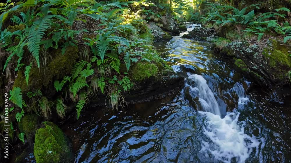 Poster forest stream cascading over rocks in lush greenery, tranquil nature scene. wilderness exploration a