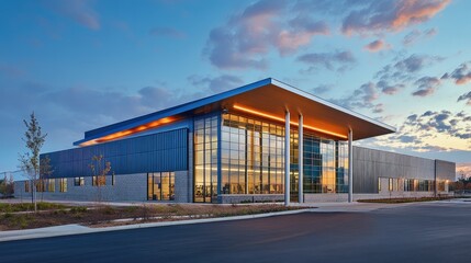 Contemporary industrial architecture featuring sleek metal siding and expansive skylights under a vibrant sunset sky.