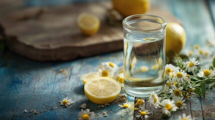 Refreshing glass of medicinal water with lemon slices and chamomile flowers on rustic wooden background