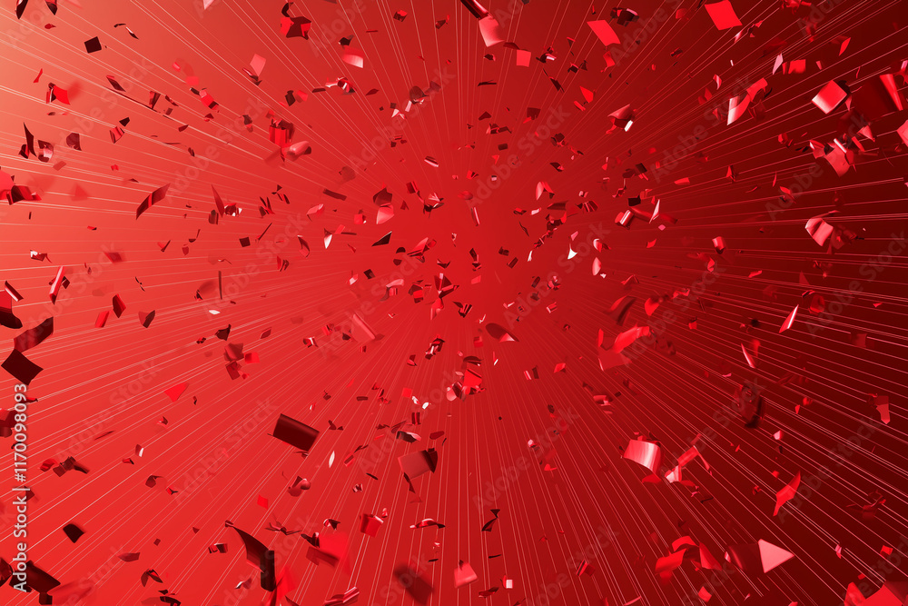 Aufkleber a clean and dynamic scene showing red confetti scattered across a bright red background with radiati