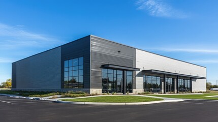 Contemporary industrial facility featuring metal siding expansive windows and a bright skylight under a clear blue sky