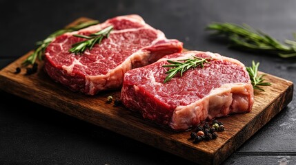 Fototapeta premium Freshly cut premium beef steaks garnished with rosemary on a rustic wooden board against a dark background. Perfect for culinary displays.