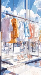 Fashionable clothing boutique display urban retail location anime style illustration bright environment modern viewpoint elegant design concept