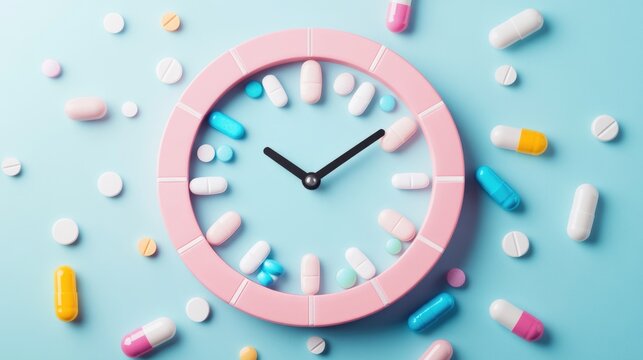 Pink round clock surrounded by various pill types. Time management and medication adherence.