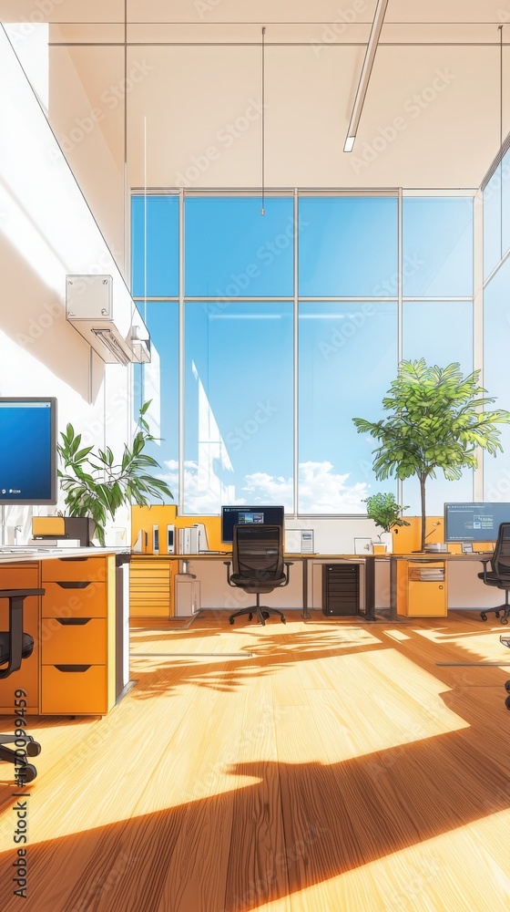Poster modern tech startup office with open workspace and collaborative environment vibrant colors and clea