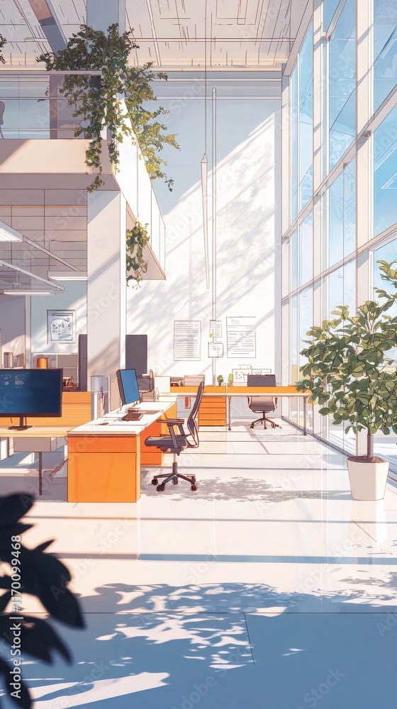 Poster dynamic collaboration spaces in modern tech startup offices open workspace design clean lineart brig