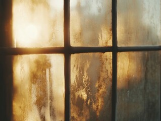 Frosted window with warm golden sunlight streaming through during sunrise