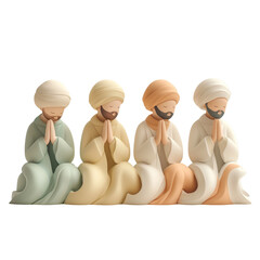 Obraz premium A Serene Portrait of Four Muslim Men in Prayerful Unity, Styled in Muted Pastels