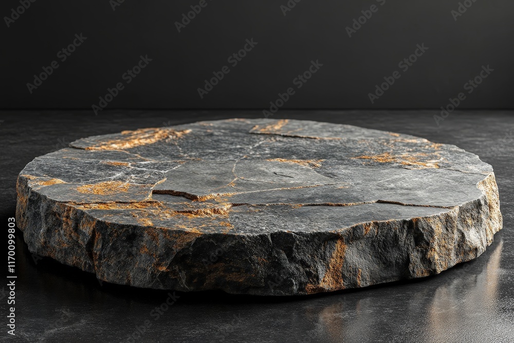 Poster round stone podium for displaying products on a dark background with textured surface and natural pa