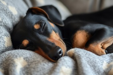 Black and brown dog is sleeping on a blanket. The dog is curled up and has its eyes closed