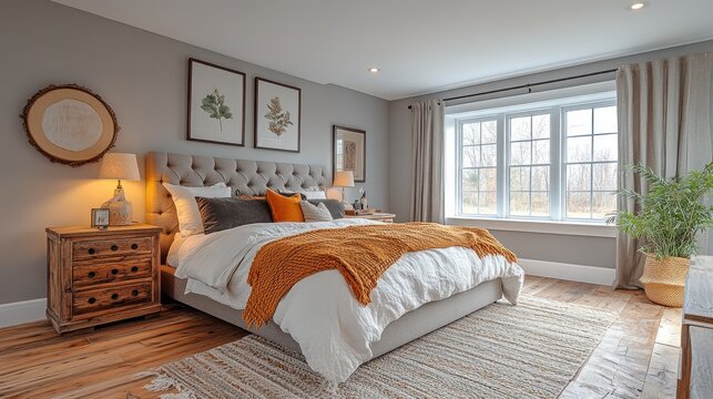 Cozy bedroom with large windows, hardwood floors, neutral tones, and autumnal accents.