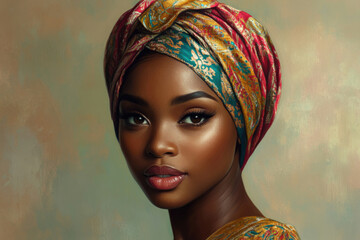 Naklejka premium A portrait of a beautiful Black woman wearing a vibrant patterned headwrap, radiating elegance and grace.