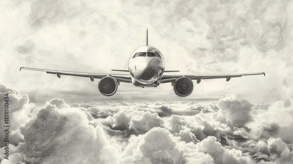 Poster a pencil rendering of a cheerful airplane with a smiling face, flying high above a fluffy cloud.