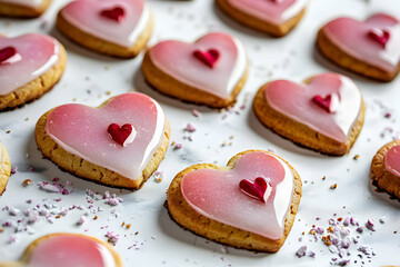 heart shaped cookies on a plate background in concept of valentine day 14th February 2025 with gift rose flower love heart romance and romantic in pink and red
