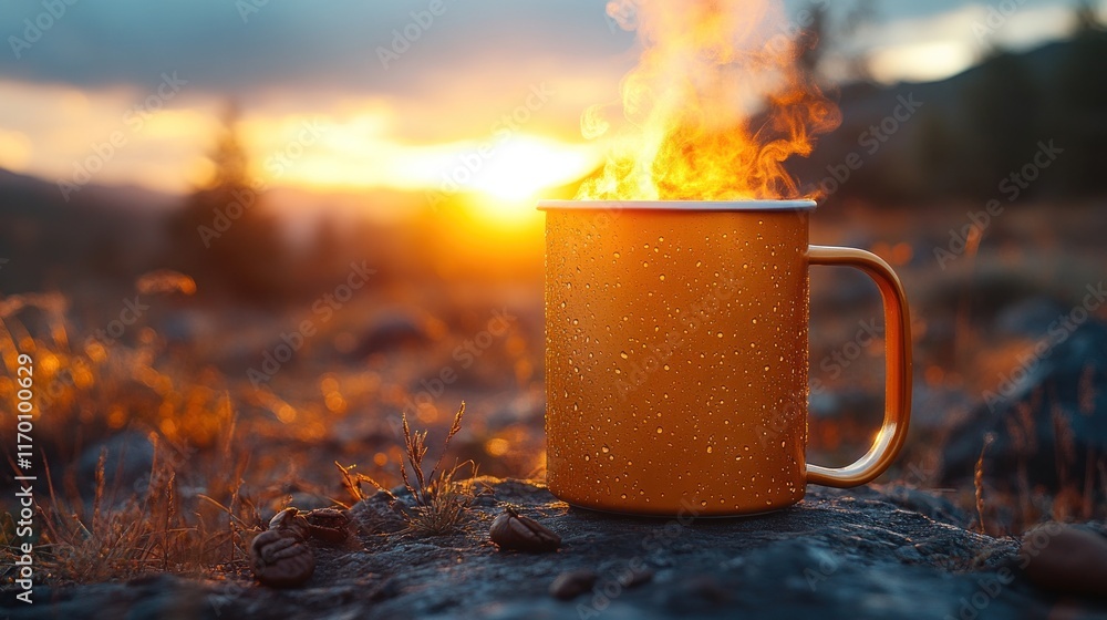 Wall mural Steaming hot drink in a metallic mug at sunset in nature.