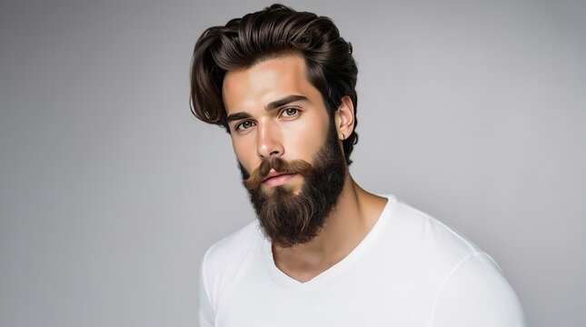 Fashion model with stylish hair and beard. Man with long beard and mustache on serious face. Handsome male model with beard, mustache and trendy hairdo. Beard and mustache haircut. Bearded man.