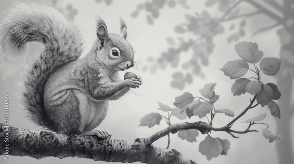 Poster a playful pencil rendering of a mischievous squirrel holding a big acorn, sitting on a tree branch.