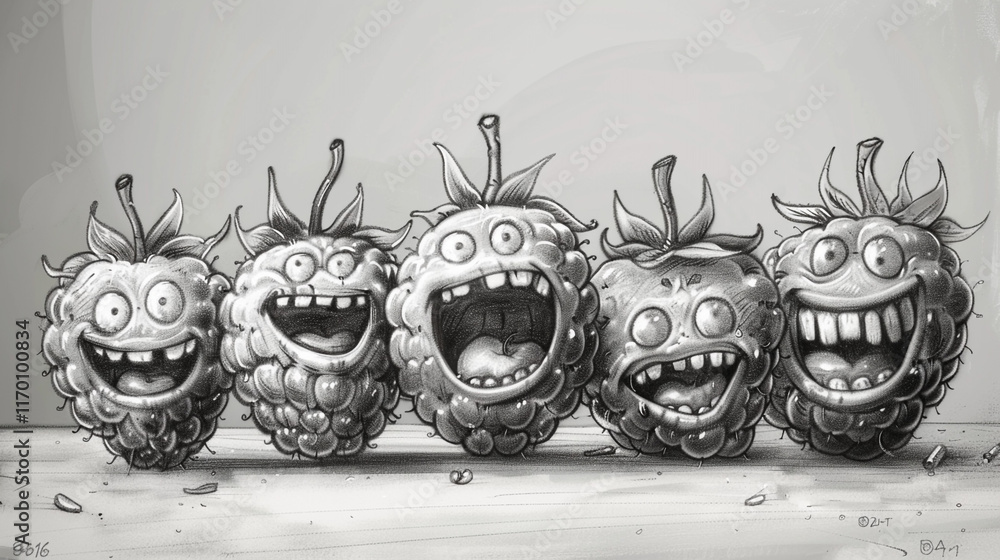 Poster a playful pencil rendering of a group of bouncing raspberries, each with a different silly expressio
