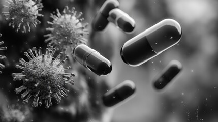 Image depicting the interaction between COVID-19 vaccine molecules and SARS-CoV-2 virus particles, illustrating antibody formation and neutralization of pathogens.