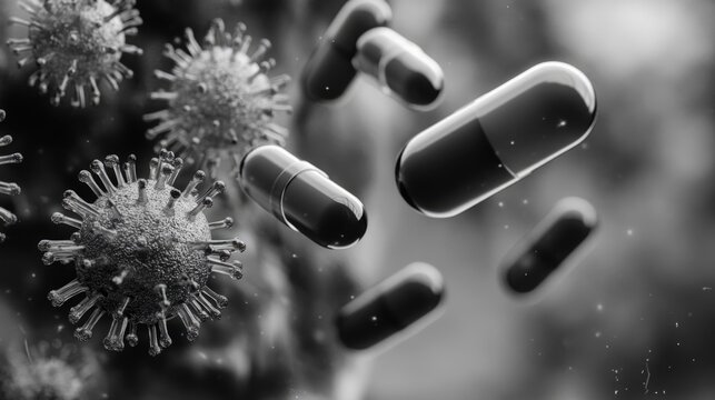 Image depicting the interaction between COVID-19 vaccine molecules and SARS-CoV-2 virus particles, illustrating antibody formation and neutralization of pathogens.