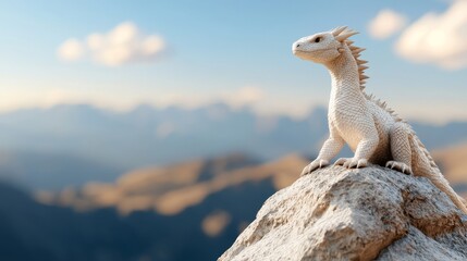 A whimsical, mythical creature perched on a rocky peak, surrounded by a breathtaking mountainous landscape under a clear blue sky.