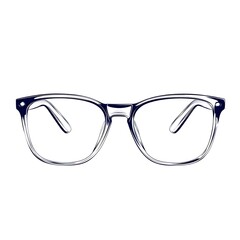 Fototapeta premium Clear square eyeglasses with dark blue temples, isolated on white background.