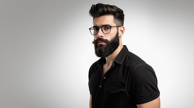 Barber fashion and beauty. Man with long beard and mustache on serious face. Handsome male model with beard, mustache and trendy hairdo. Beard and mustache haircut. Bearded man.