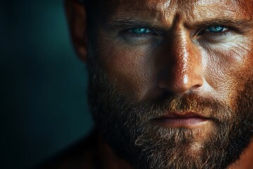 Intense portrait of muscular man, focused on eye contact.