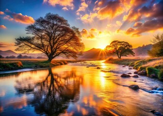 Double exposed sunrise bathes Gunma's Tonegawa Riverbed in ethereal light, a captivating landscape.