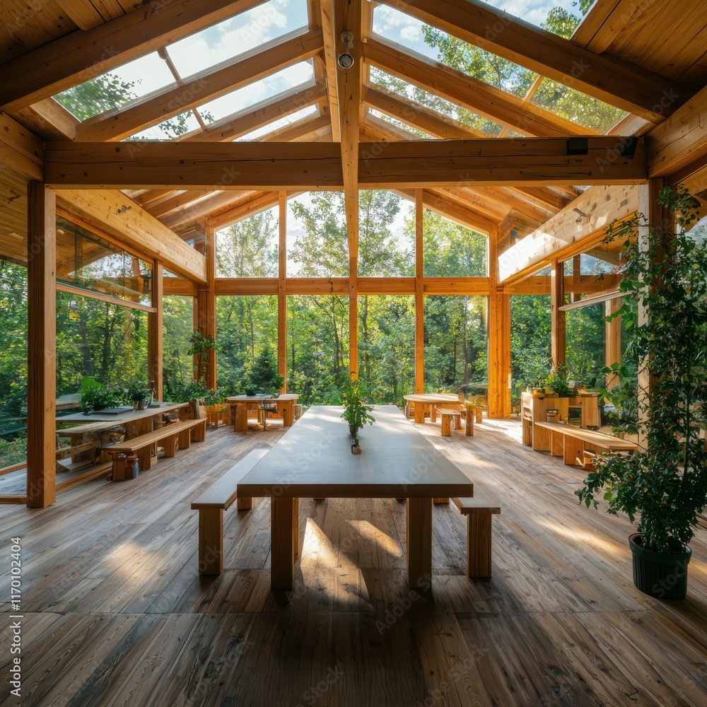 Poster collaborative learning space in a remote off-grid area surrounded by nature wooden architecture tran
