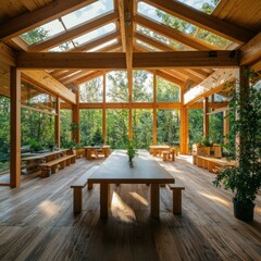 Fototapeta premium Collaborative learning space in a remote off-grid area surrounded by nature wooden architecture tranquil environment indoor viewpoint