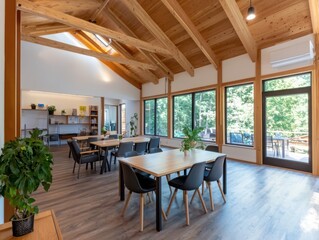 Collaborative learning space for remote education rural community center rustic environment inviting atmosphere educational support