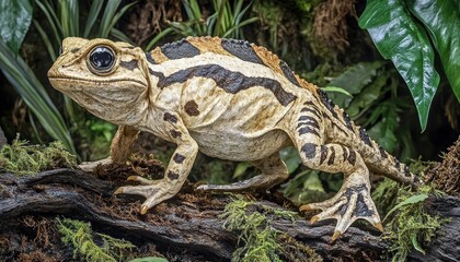Fototapeta premium Tropical toad perched on log, rainforest background, wildlife photography