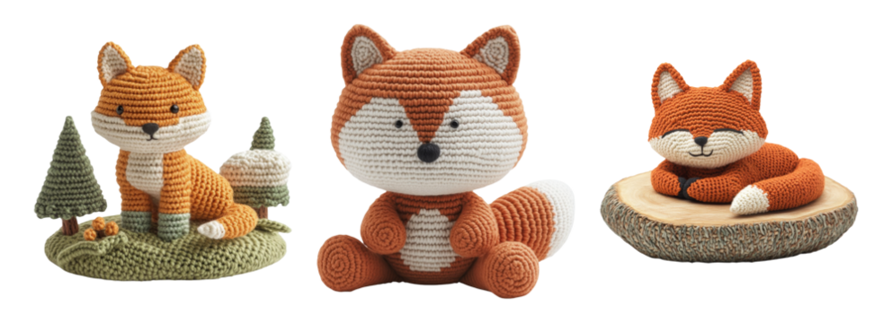 Adorable Knitted Foxes in Various Poses on Transparent Background