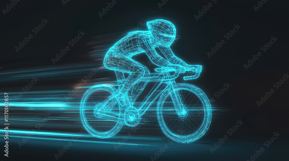 Poster futuristic cyclist in wireframe style with motion blur effect