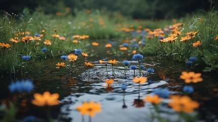 Orange and Blue Flowers Blooming Near a Stream