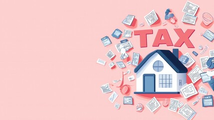 Flat Design Tax Letter with Bolded TAX Text and House Illustration on Pink Background