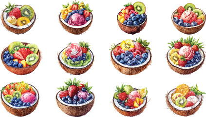 ice cream with fruit in coconut shell watercolor clipart