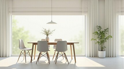 Obraz premium Minimalist Dining Room With Roman Shades On The Window, Done In White - Generative AI