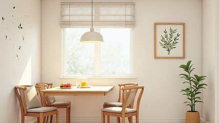 Minimalist dining room with roman shades on the window, done in white with olive accents - generative AI