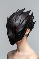 Woman wearing a black and red avant-garde mask