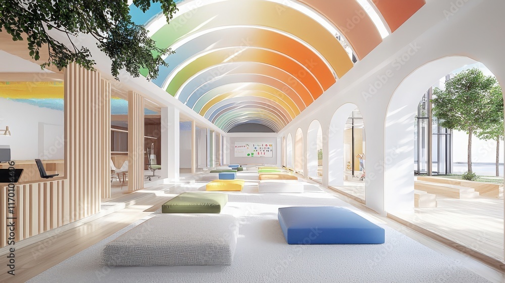 Poster accessible collaborative learning space featuring adaptive technology colorful design inclusive envi